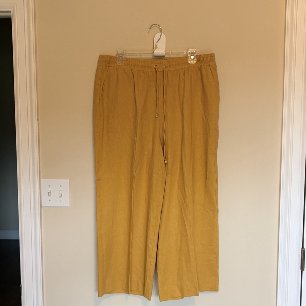Anne Klein Mustard Yellow Linen Viscose Wide Leg Elastic Waist Pants Women Large